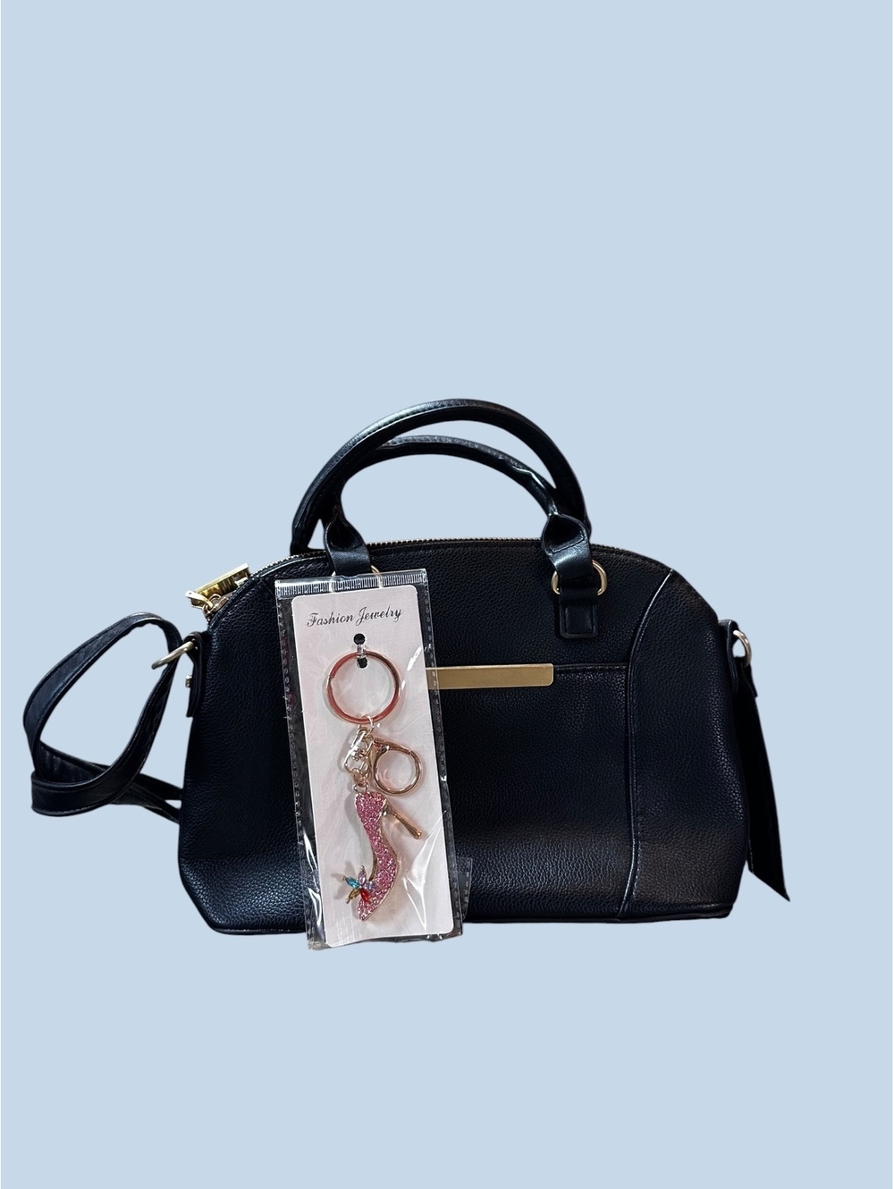 Black Faux Leather Satchel Top Handle Bag & Bag Charm
